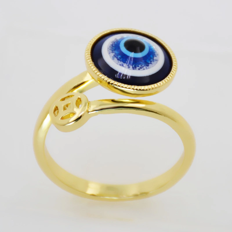 Personalized 18K Gold Plated Blue CZ Crystal Eye Finger Ring Open Adjustable Zirconia Evil Eyes Ring