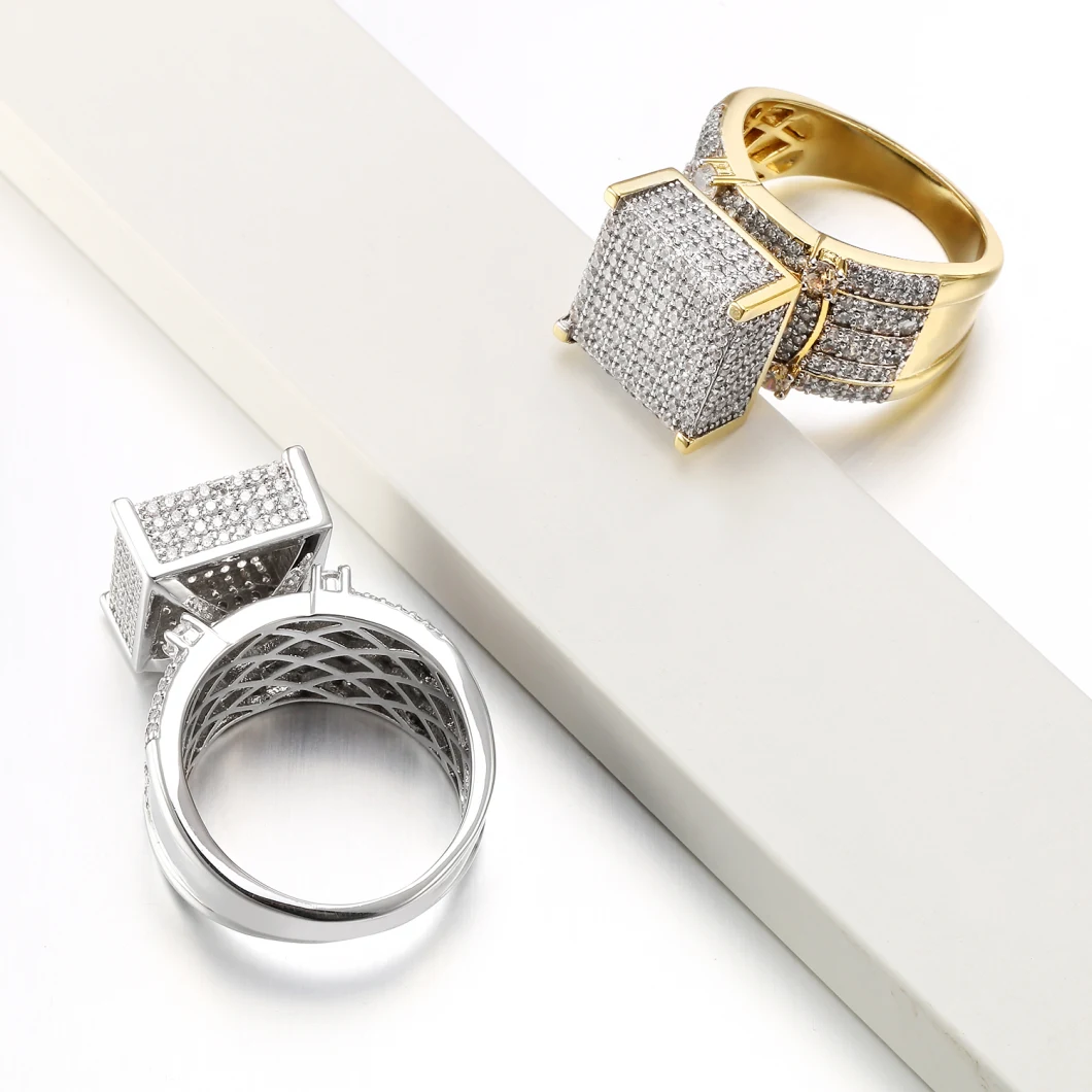 925 Thick Square Shape CZ Micro Pave Setting 18K Solid Gold Hip Hop Iced out Mens Rings for Party