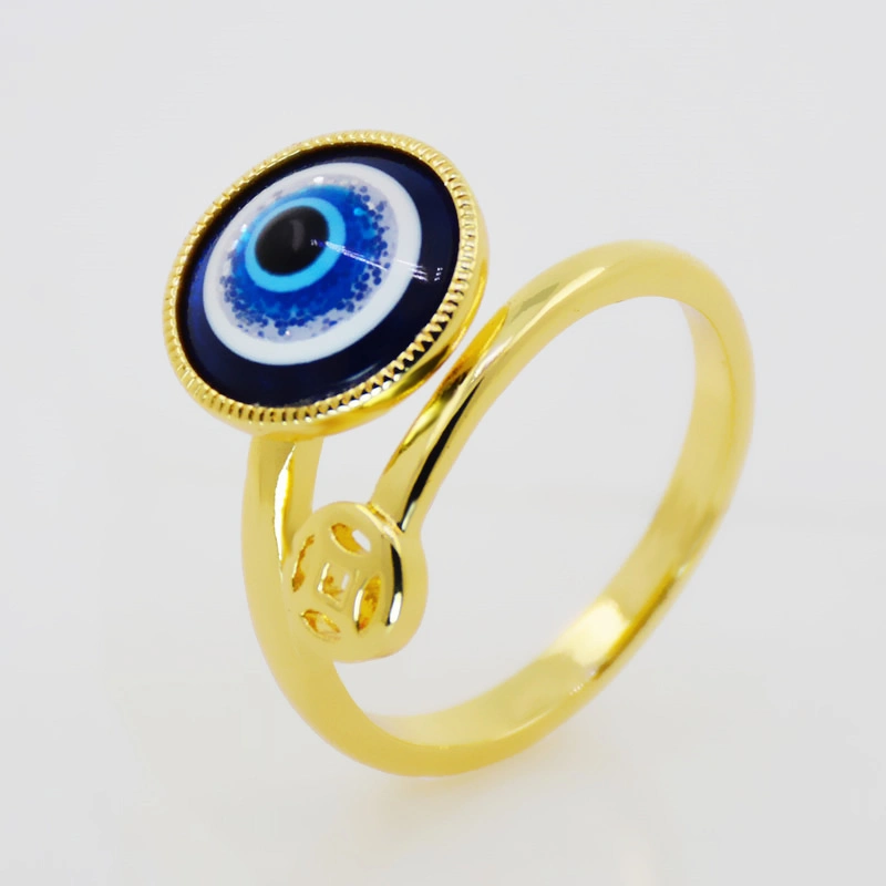 Personalized 18K Gold Plated Blue CZ Crystal Eye Finger Ring Open Adjustable Zirconia Evil Eyes Ring