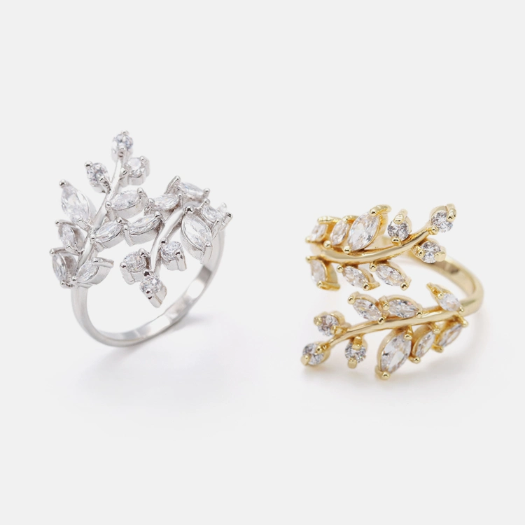 Elegant Spring Leaves Rings 18K Gold Plated CZ Pave Wedding Rings