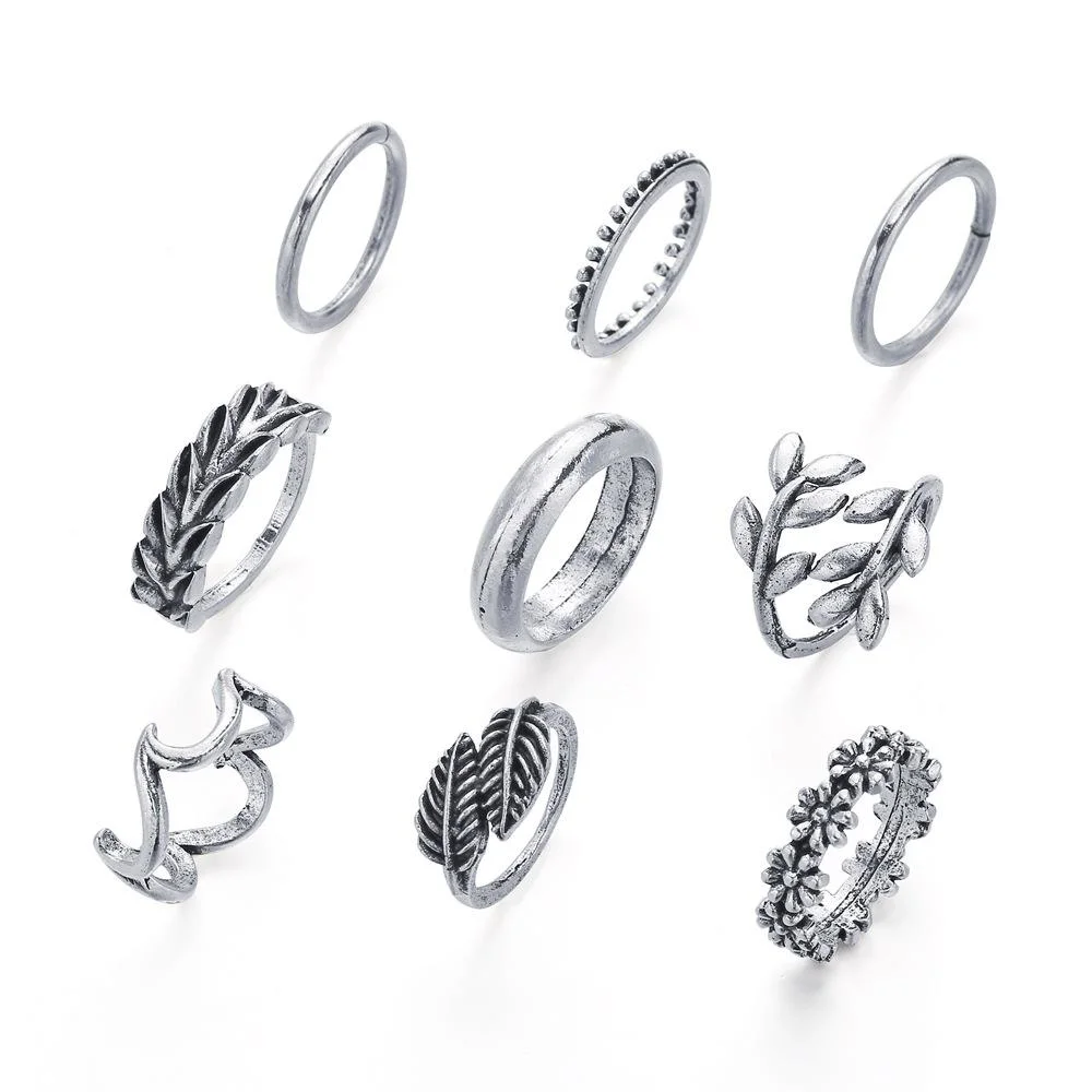 Factory Vintage Antique Silver Plated 9 PCS Leaf and Flower Rings Set Wave Ring