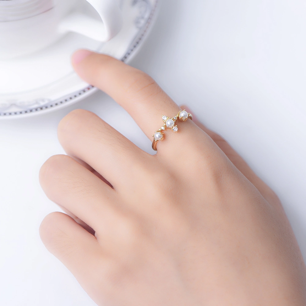 Unique Elegant Shining Prong Setting Real Gold Plated Female Artificial Pearl Ring