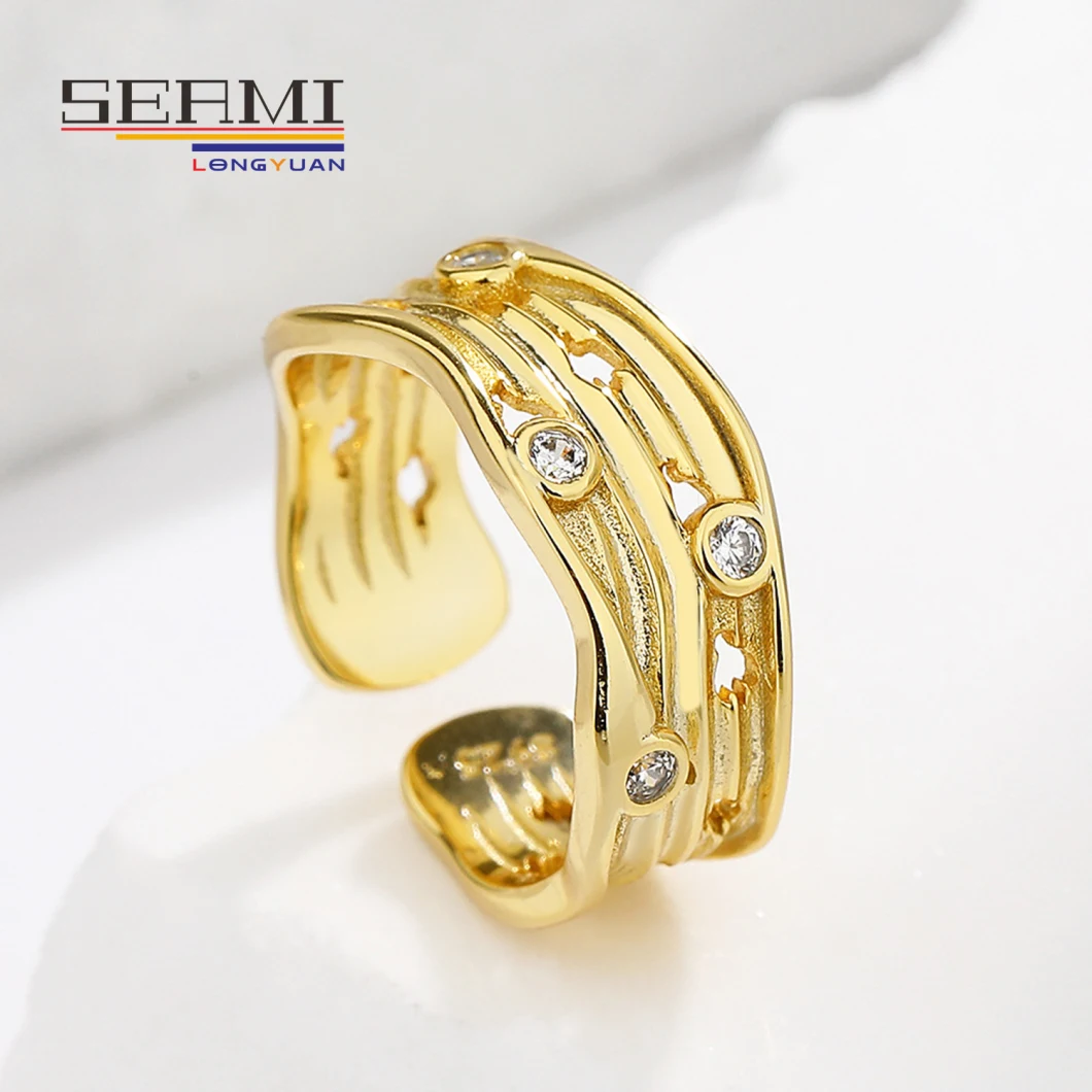 Antique Geometeric Gold Cubic Zirconia Adjustable Wave Ring for Women