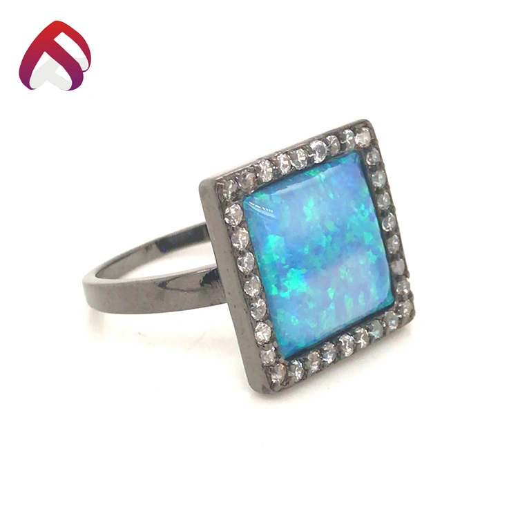Charm Big Square Blue Fire Opal Rings for Women Vintage Fashion Black Gold Ring