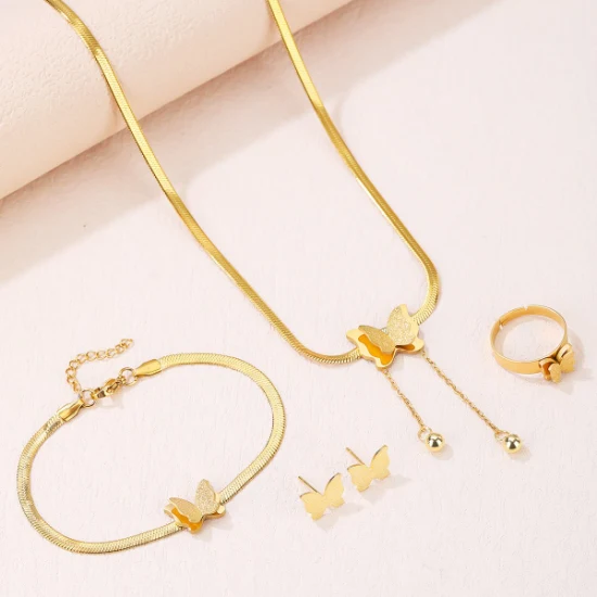 Collier pendentif papillon en acier inoxydable doré et boucles d'oreilles Bracelet Bague Ensemble de quatre pièces