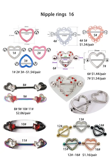 Différents styles d'anneaux de mamelon en forme de cœur