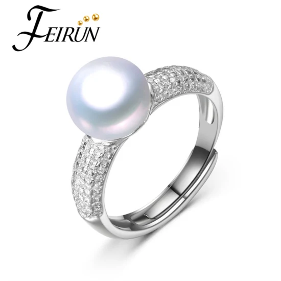 La perle blanche d'eau douce en gros sonne l'anneau réel de perle d'eau douce de bouton de 9.5-10mm 3A