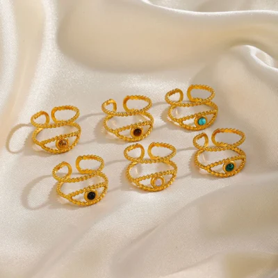 Bijoux en diamant de mode pierre de tigre/malachite/obsidienne/opale anneaux ouverts réglables anneau de mauvais œil en acier inoxydable plaqué or 18 carats